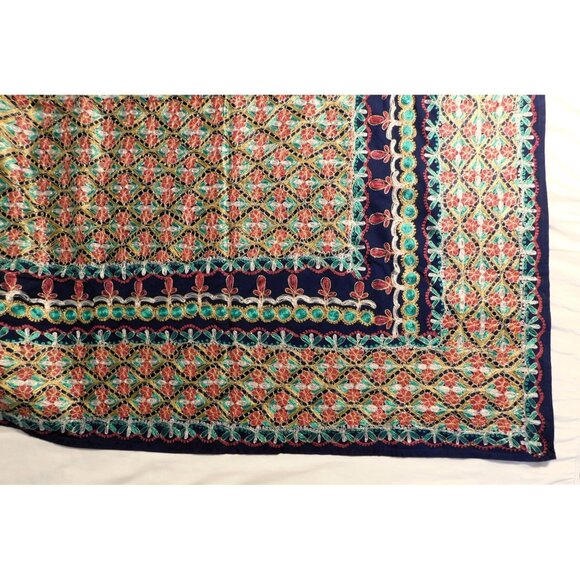 Aghabani Tablecloth & 12 Napkins Set Multicolor Embroidered on Blue 96x56 Inches - Picture 6 of 14